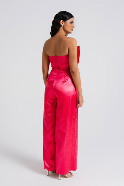 Hot Pink Satin Strapless Tulip Jumpsuit
