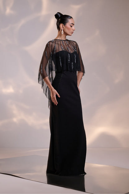 Midnight Sheer Cape Gown