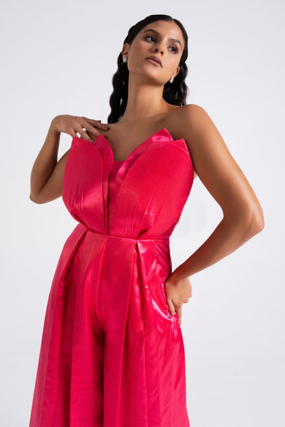 Hot Pink Satin Strapless Tulip Jumpsuit