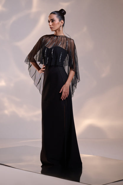 Midnight Sheer Cape Gown