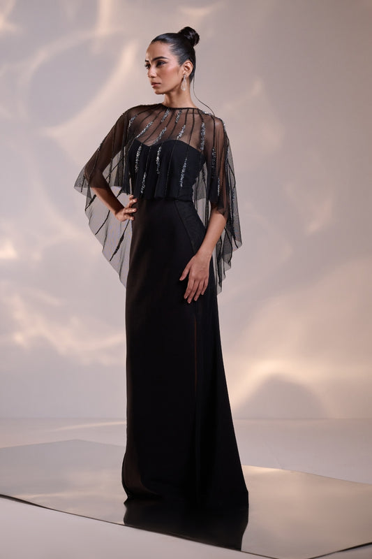 Midnight Sheer Cape Gown