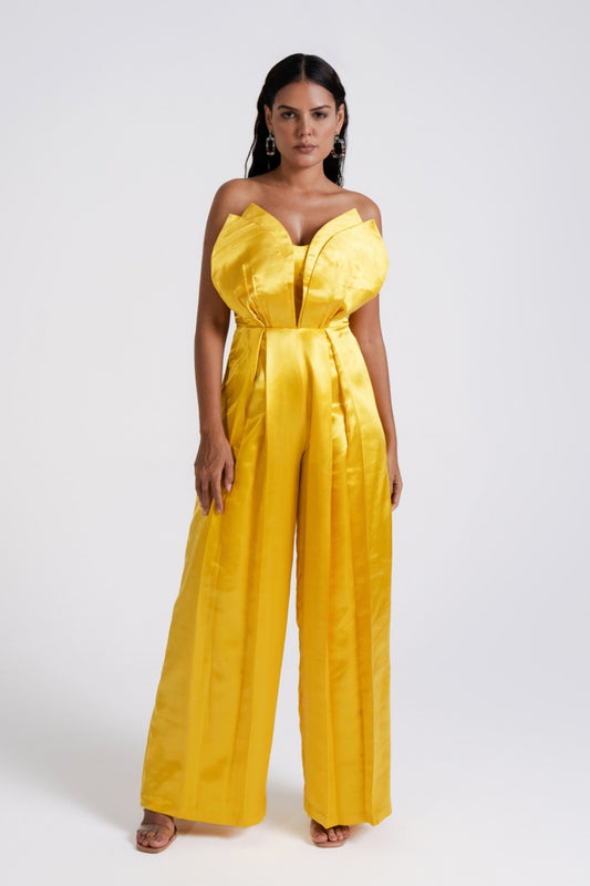 Butter Yellow Satin Strapless Tulip Jumpsuit