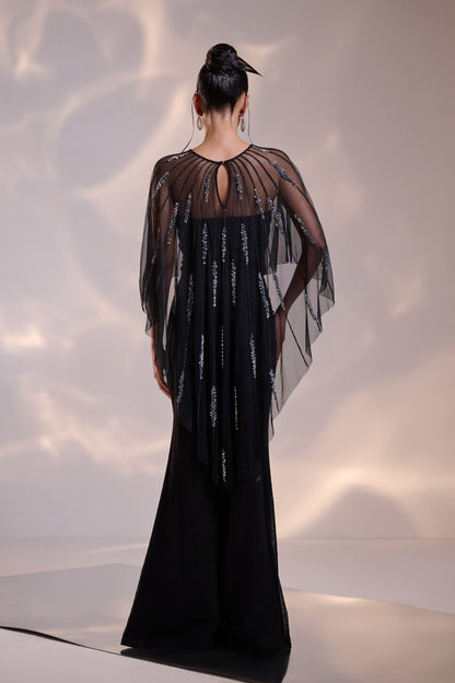 Midnight Sheer Cape Gown