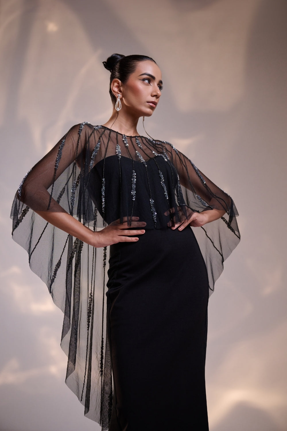 Midnight Sheer Cape Gown
