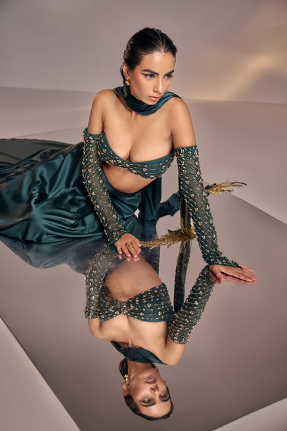 Teal Green Embellished Saree Set