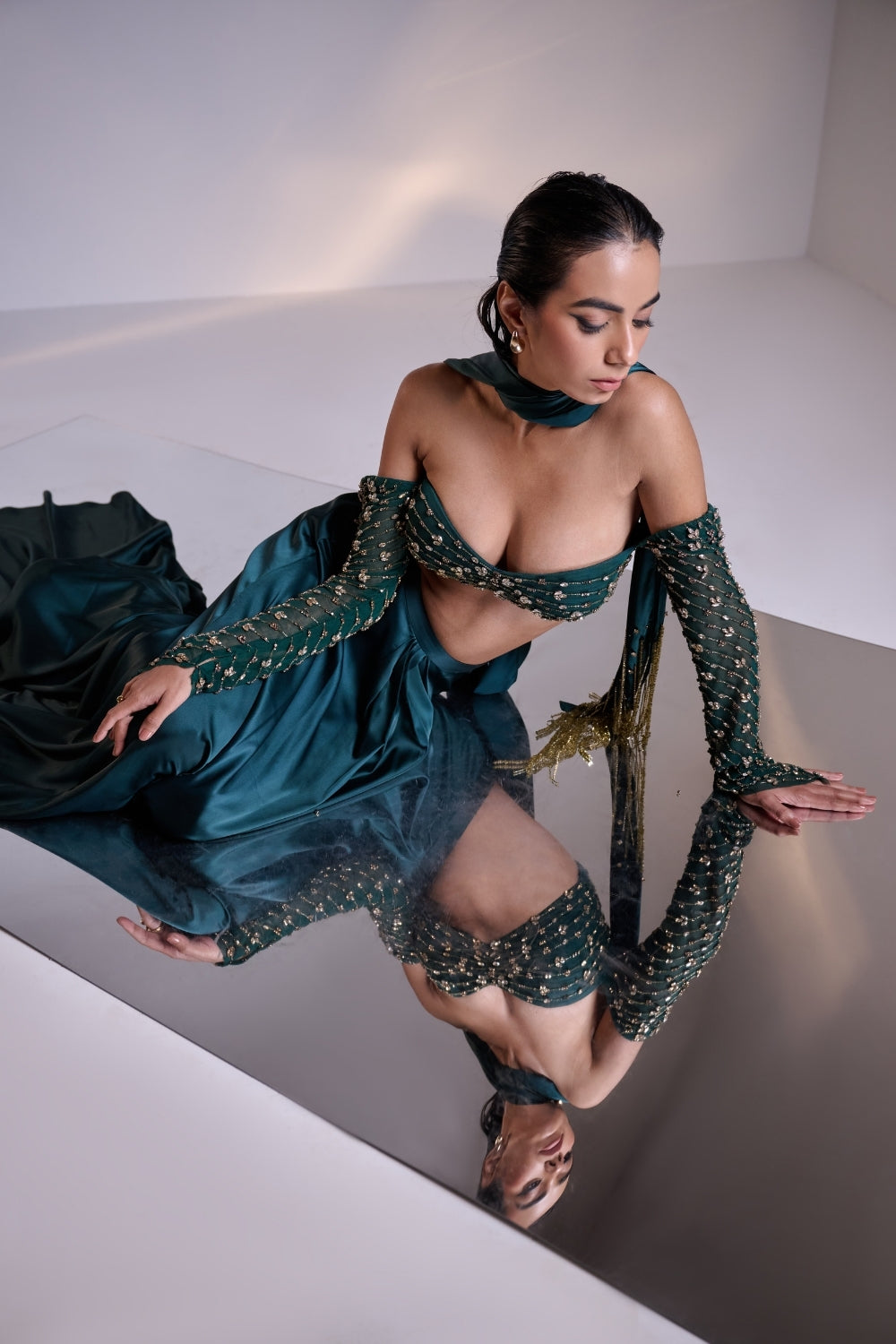 Teal Green Embellished Saree Set