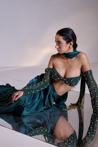 Teal Green Embellished Saree Set