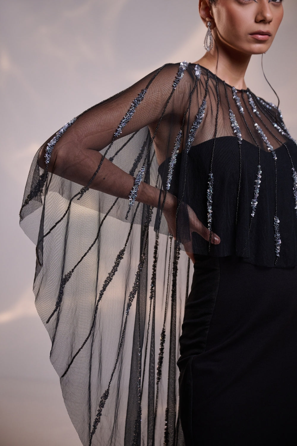 Midnight Sheer Cape Gown