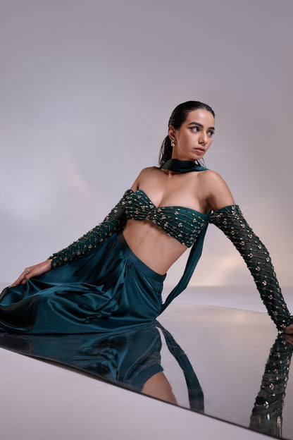 Teal Green Embellished Saree Set