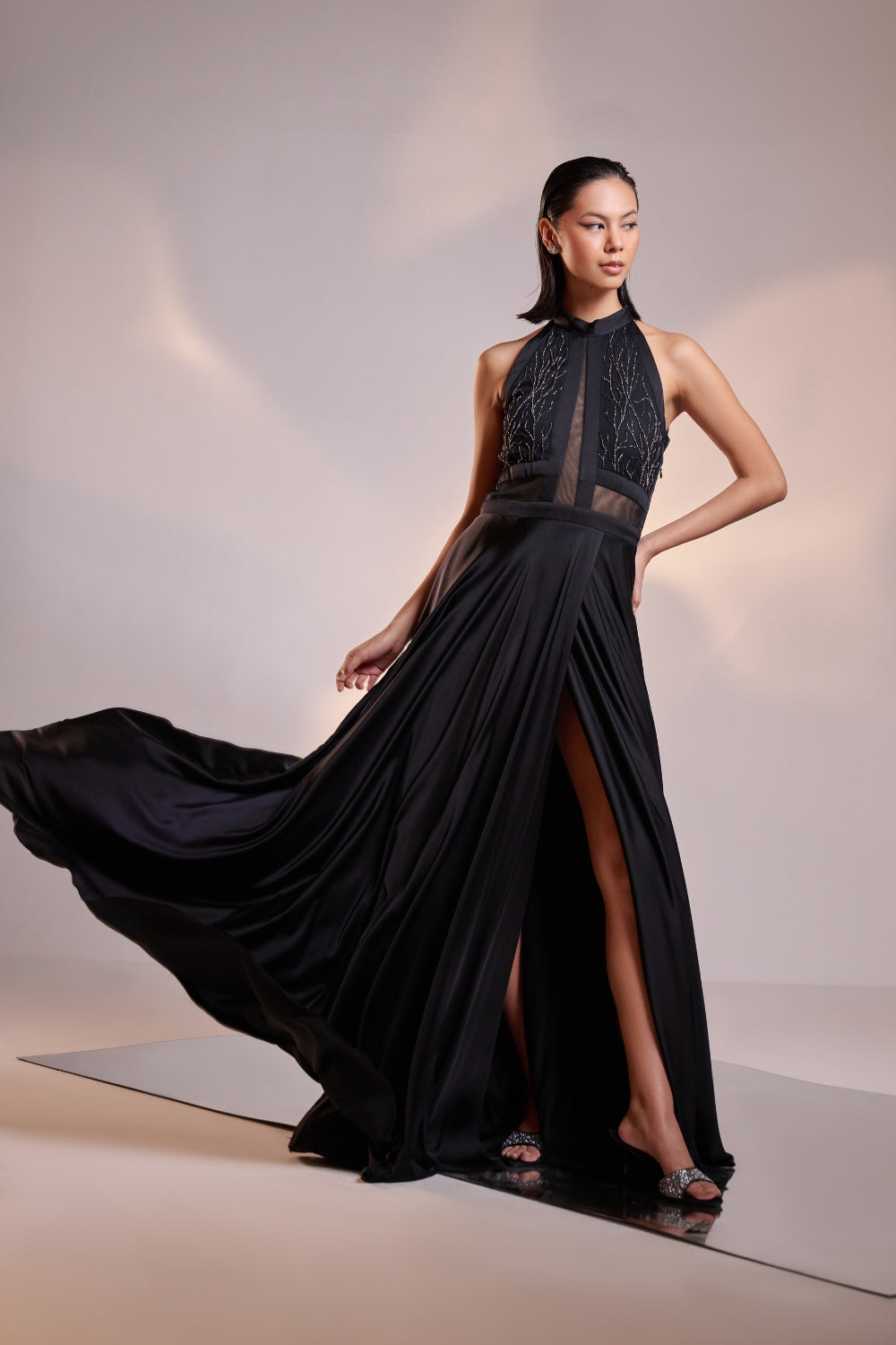 Midnight Black Embellished High-Slit Gown
