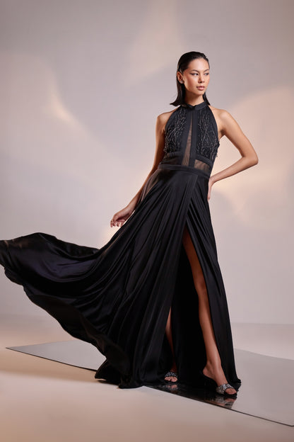 Midnight Black Embellished High-Slit Gown