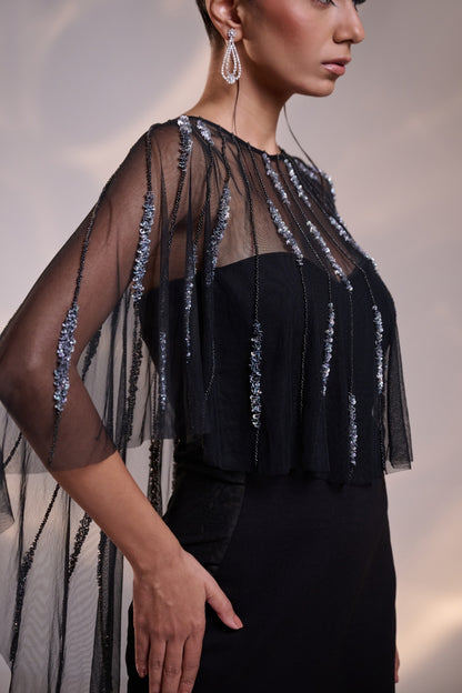Midnight Sheer Cape Gown
