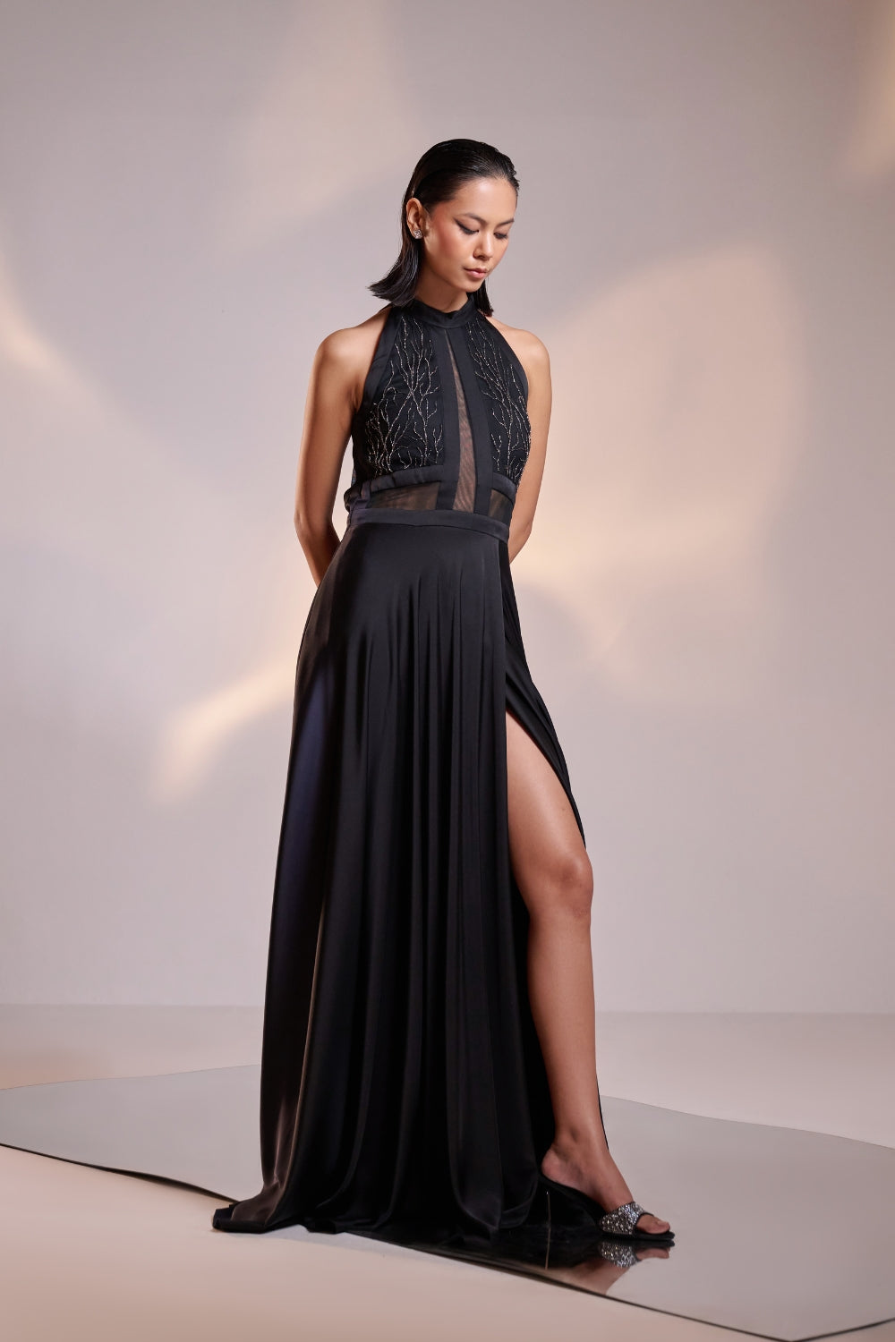 Midnight Black Embellished High-Slit Gown