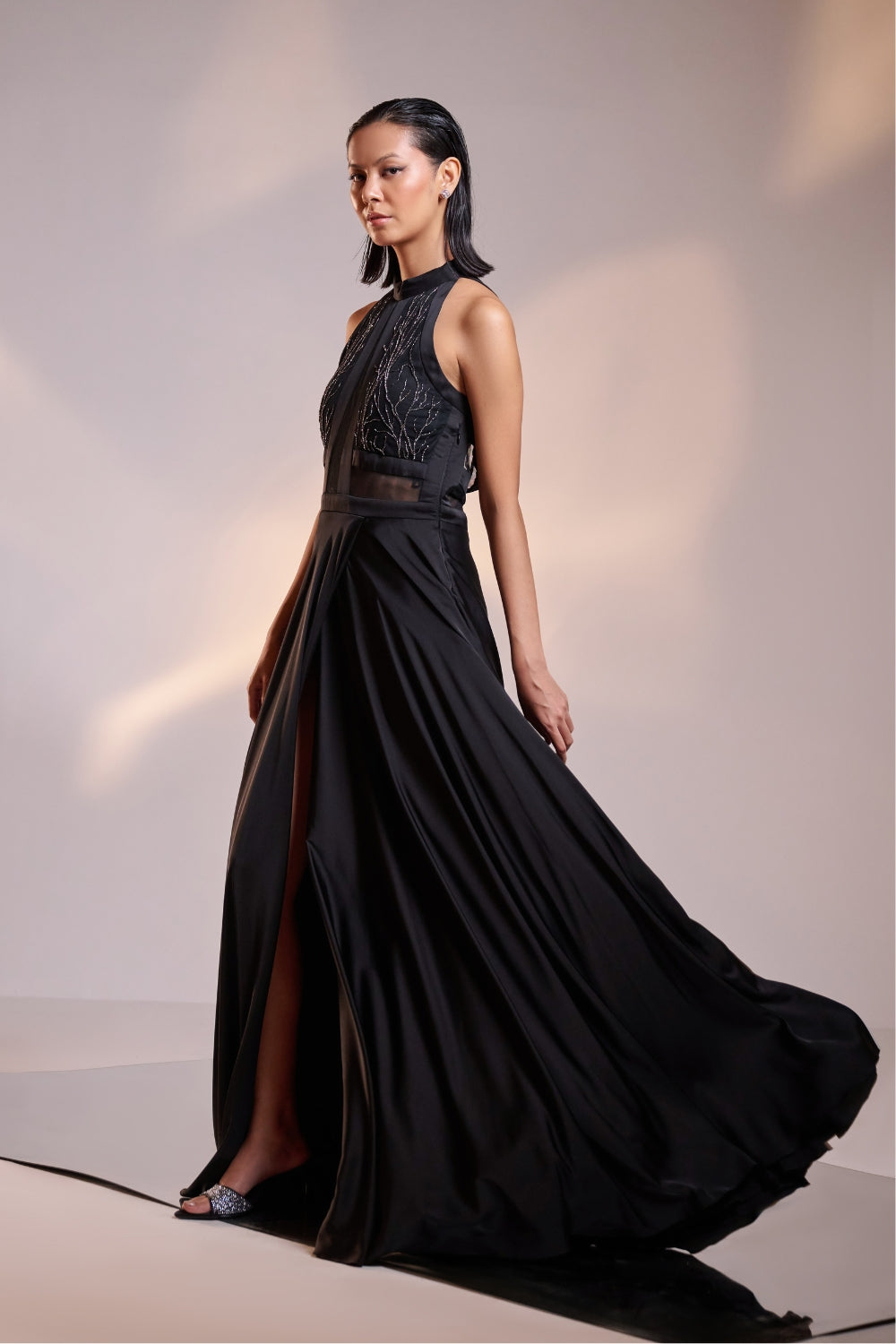 Midnight Black Embellished High-Slit Gown
