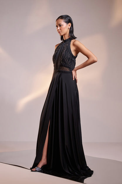 Midnight Black Embellished High-Slit Gown