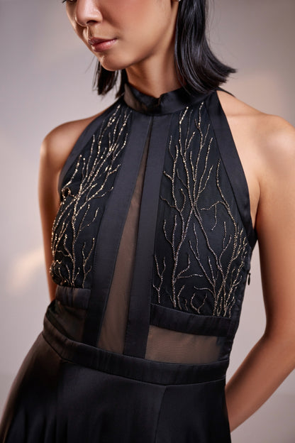 Midnight Black Embellished High-Slit Gown