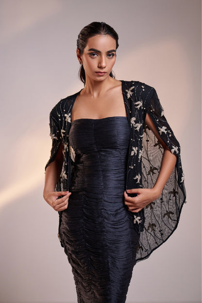 Ruched Silk Dress with Embellished Net Cape