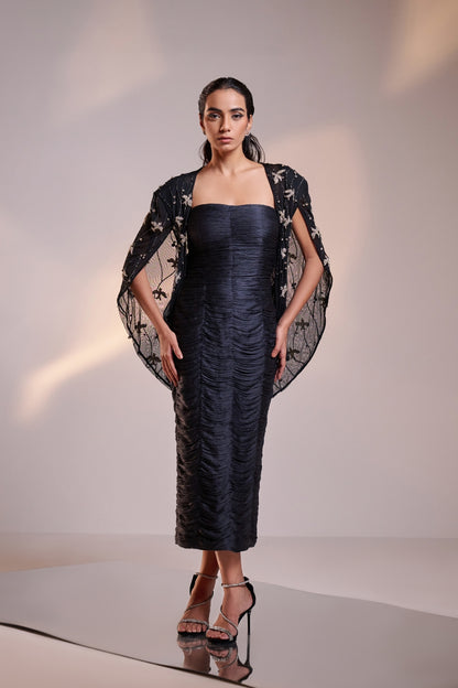 Ruched Silk Dress with Embellished Net Cape