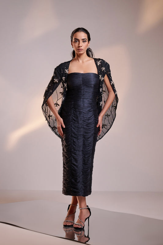 Ruched Silk Dress with Embellished Net Cape