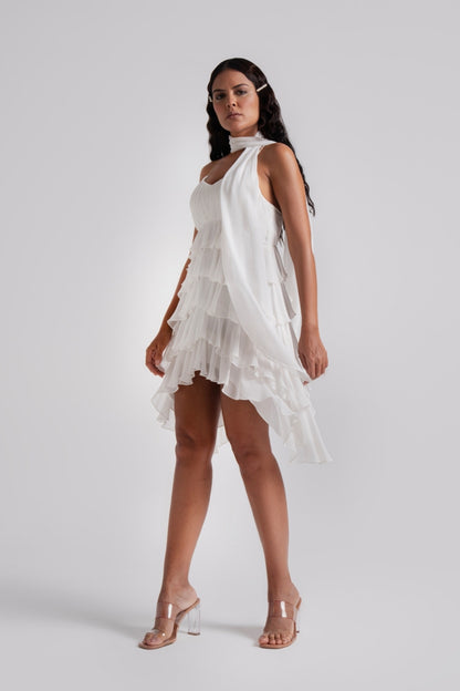 Sexy Asymmetric Spaghetti Strap White Tiered Dress