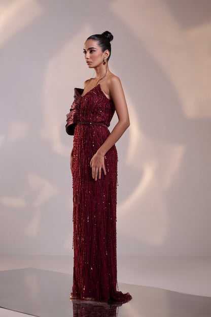 Crimson Radiance Sequined Off-Shoulder Gown