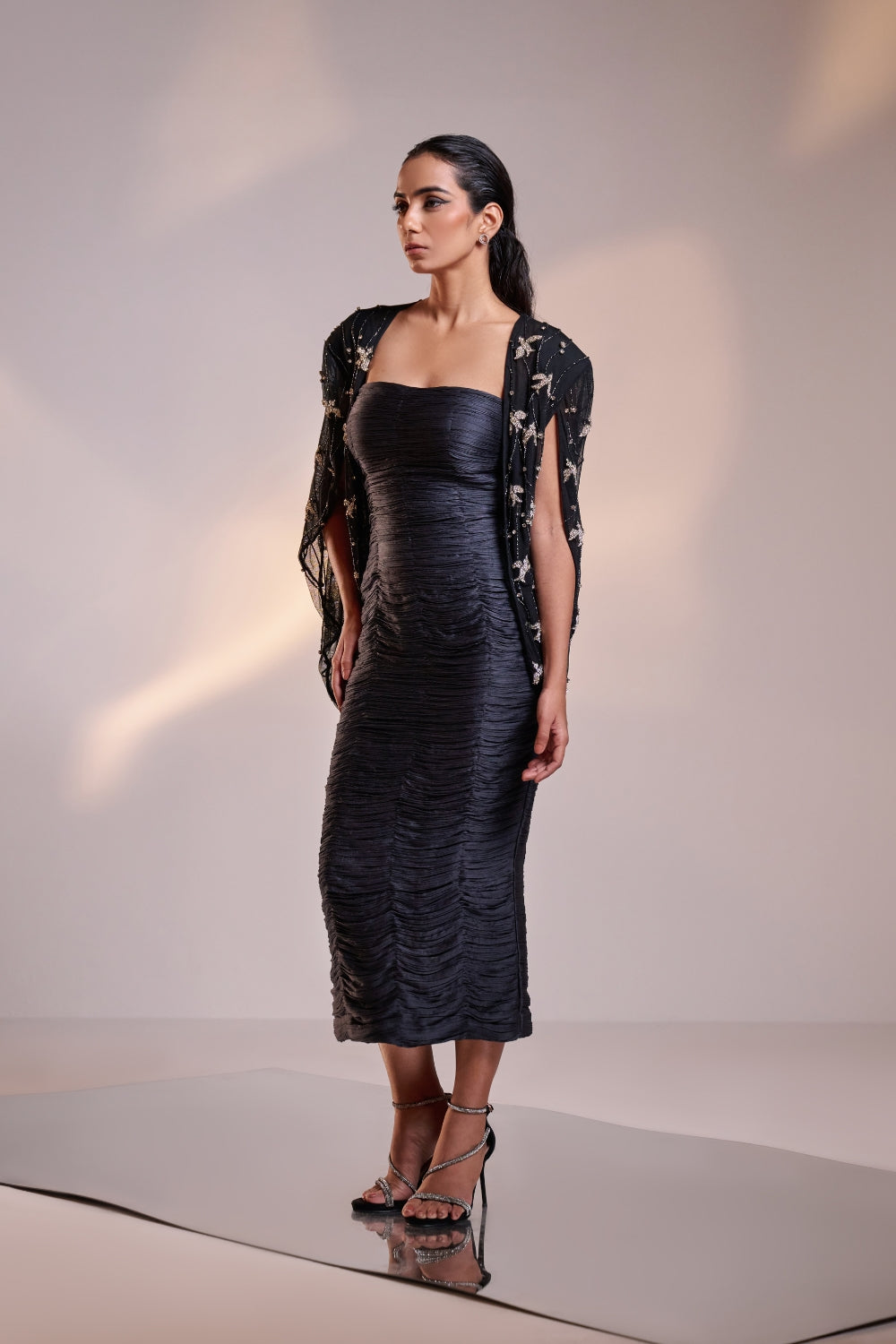 Ruched Silk Dress with Embellished Net Cape