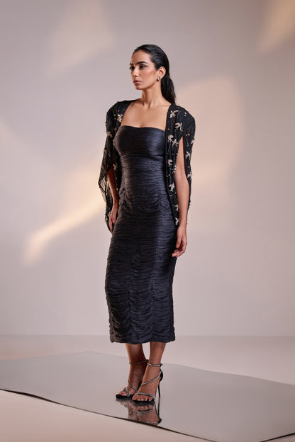 Ruched Silk Dress with Embellished Net Cape