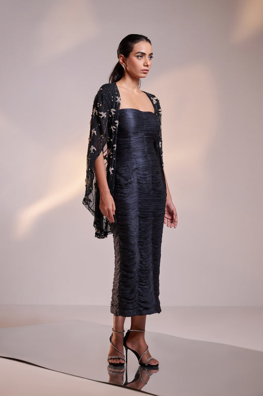 Ruched Silk Dress with Embellished Net Cape