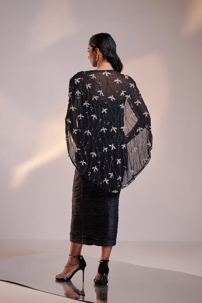 Ruched Silk Dress with Embellished Net Cape