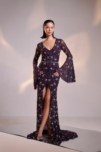 Midnight Purple Hand Embellished Front Open Gown