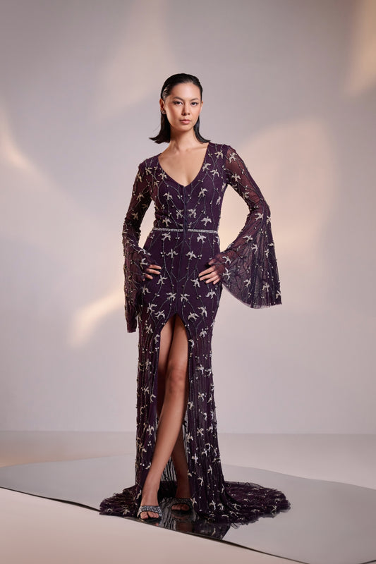 Midnight Purple Hand Embellished Front Open Gown