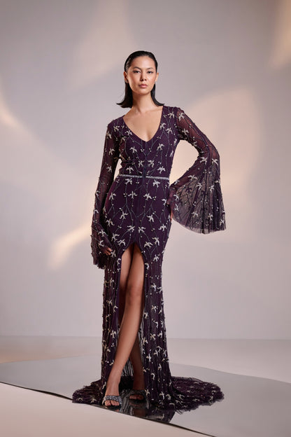 Midnight Purple Hand Embellished Front Open Gown