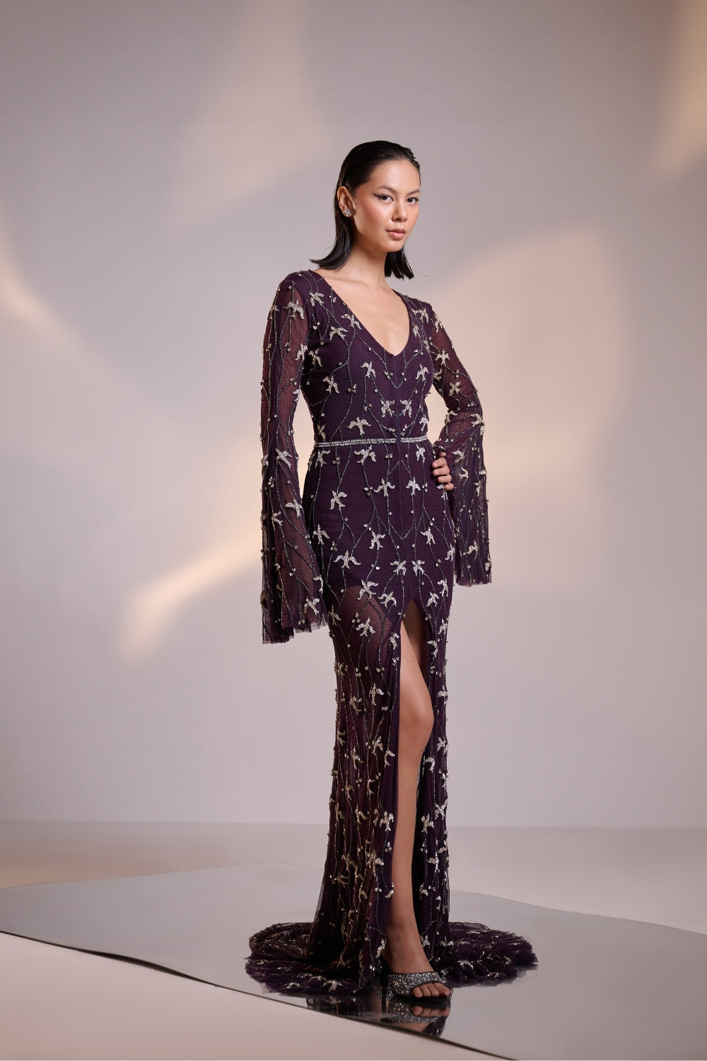 Midnight Purple Hand Embellished Front Open Gown