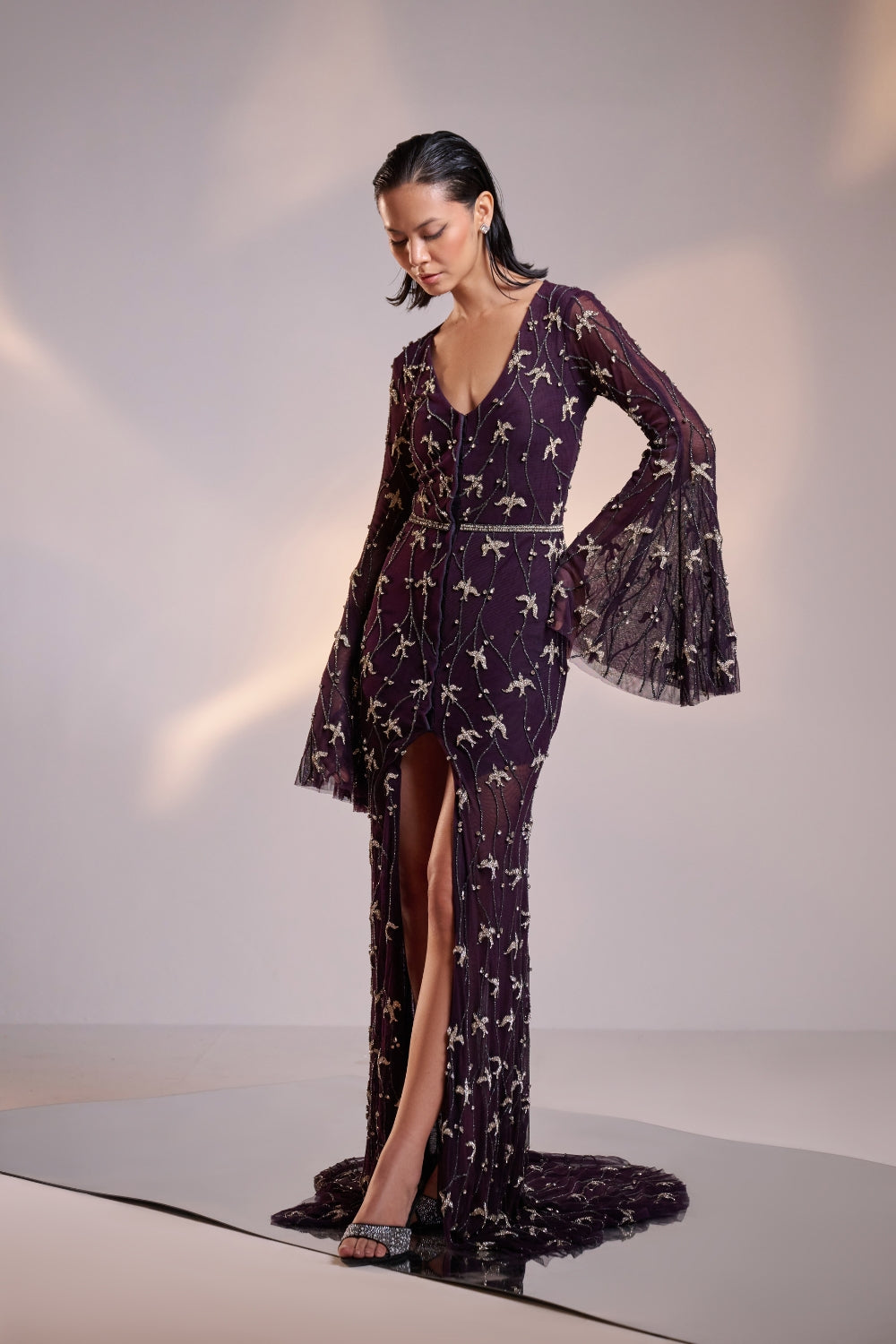 Midnight Purple Hand Embellished Front Open Gown