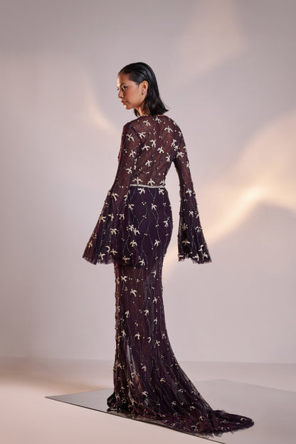 Midnight Purple Hand Embellished Front Open Gown