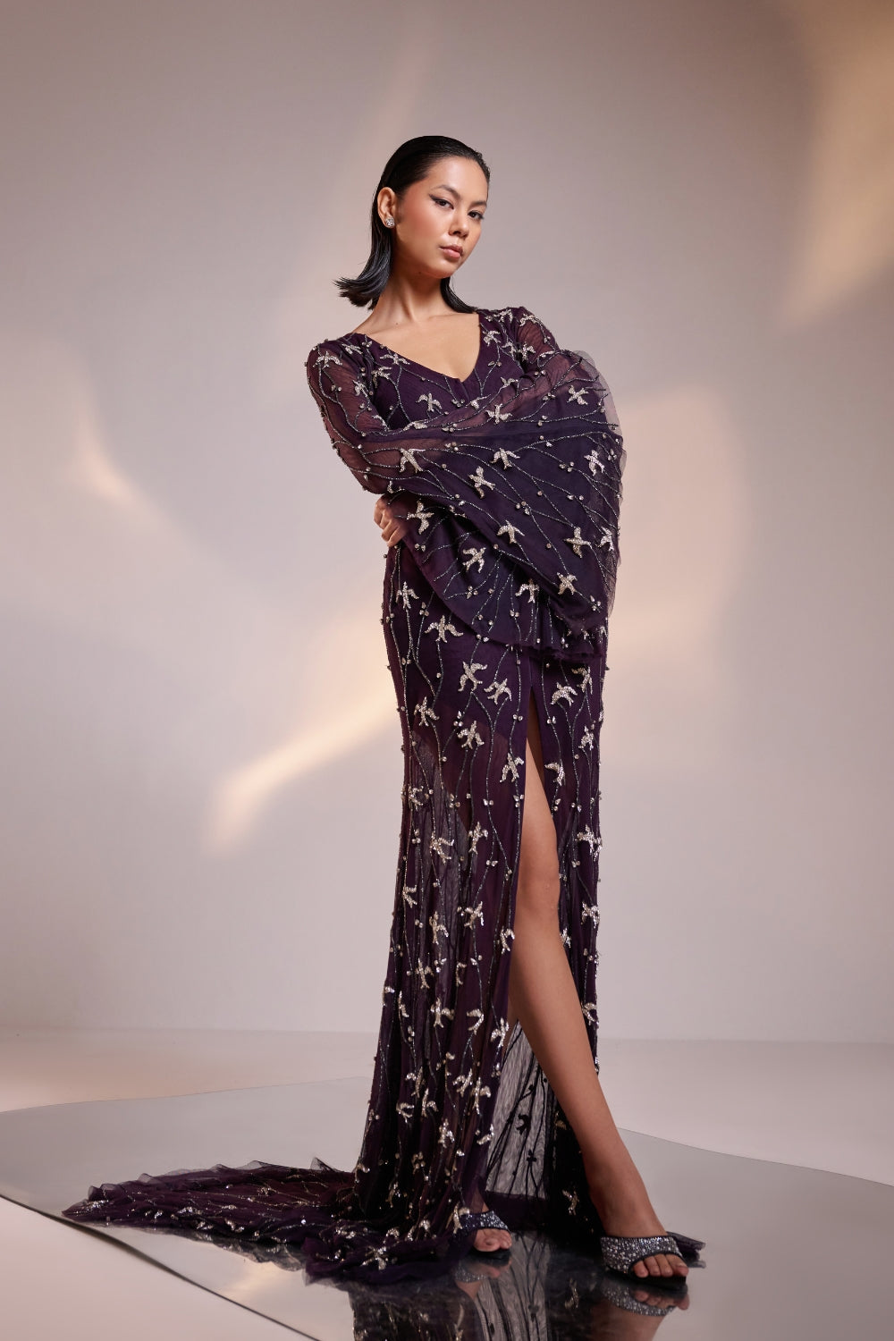 Midnight Purple Hand Embellished Front Open Gown
