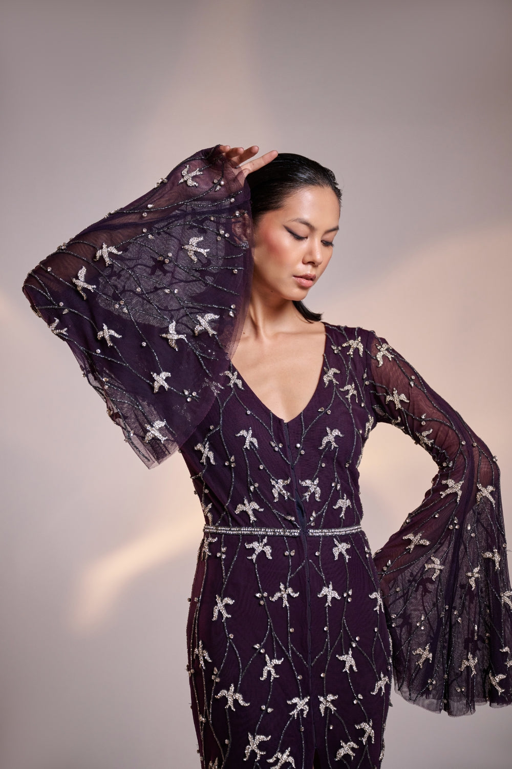 Midnight Purple Hand Embellished Front Open Gown