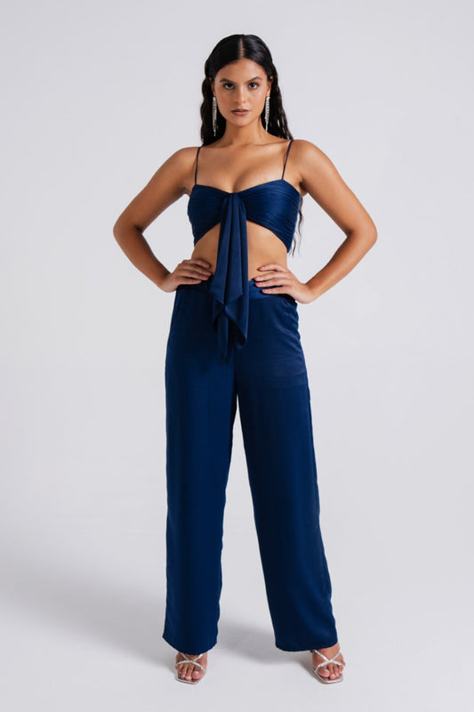 Midnight Blue Knotted Top and Wide-Leg Trousers Set