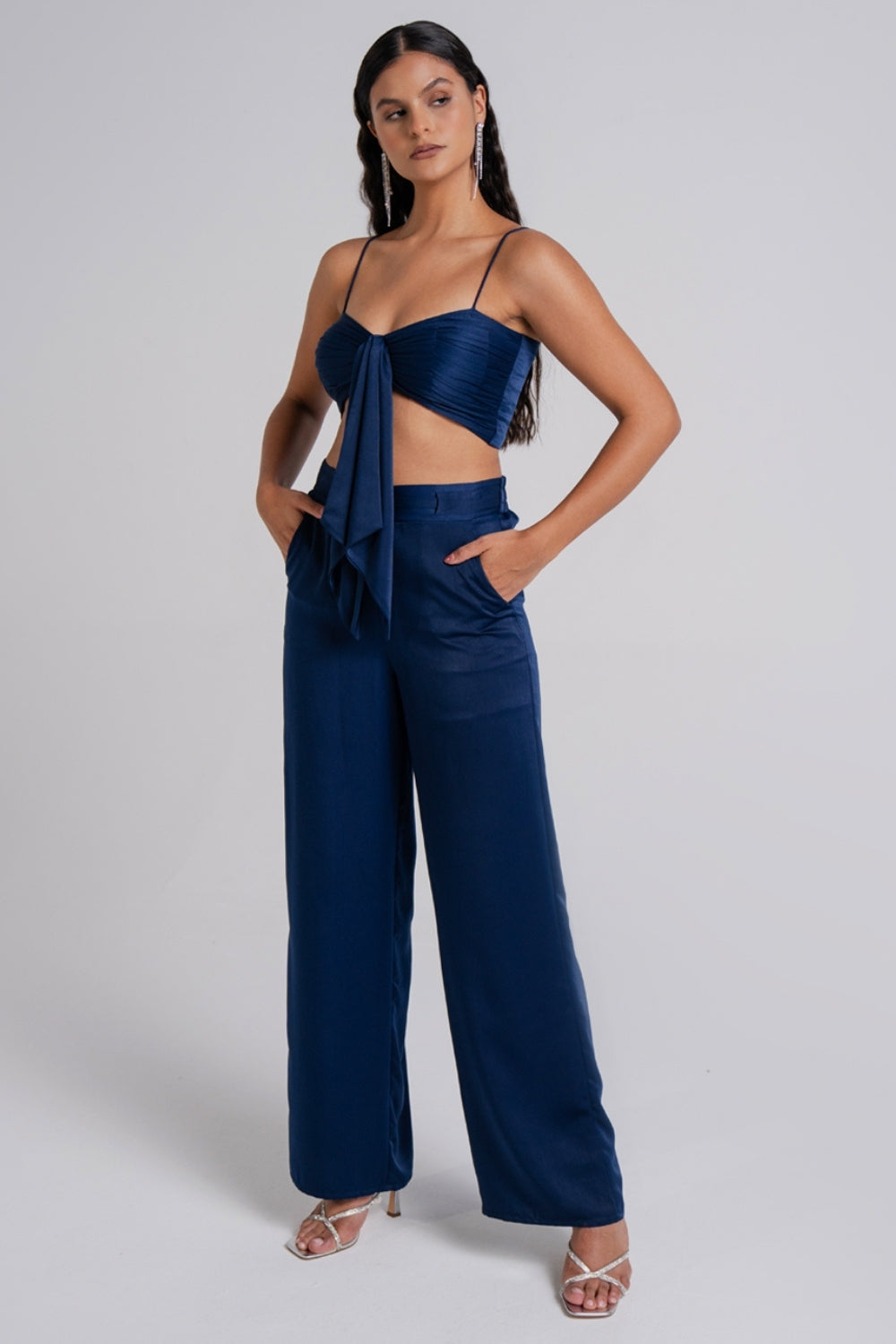 Midnight Blue Knotted Top and Wide-Leg Trousers Set