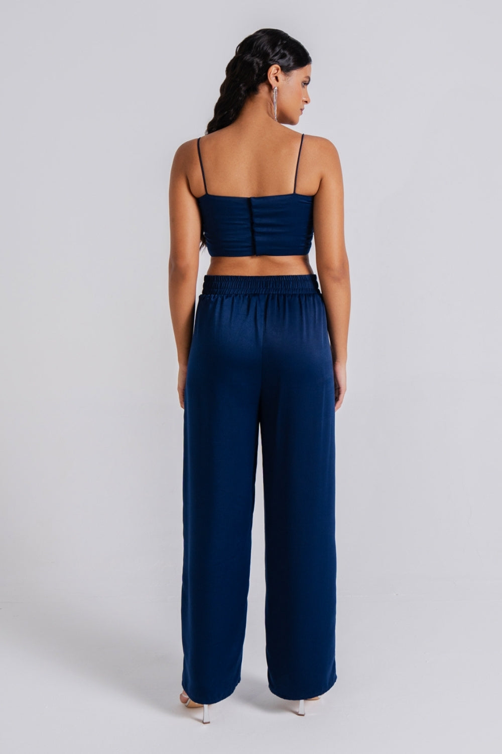 Midnight Blue Knotted Top and Wide-Leg Trousers Set