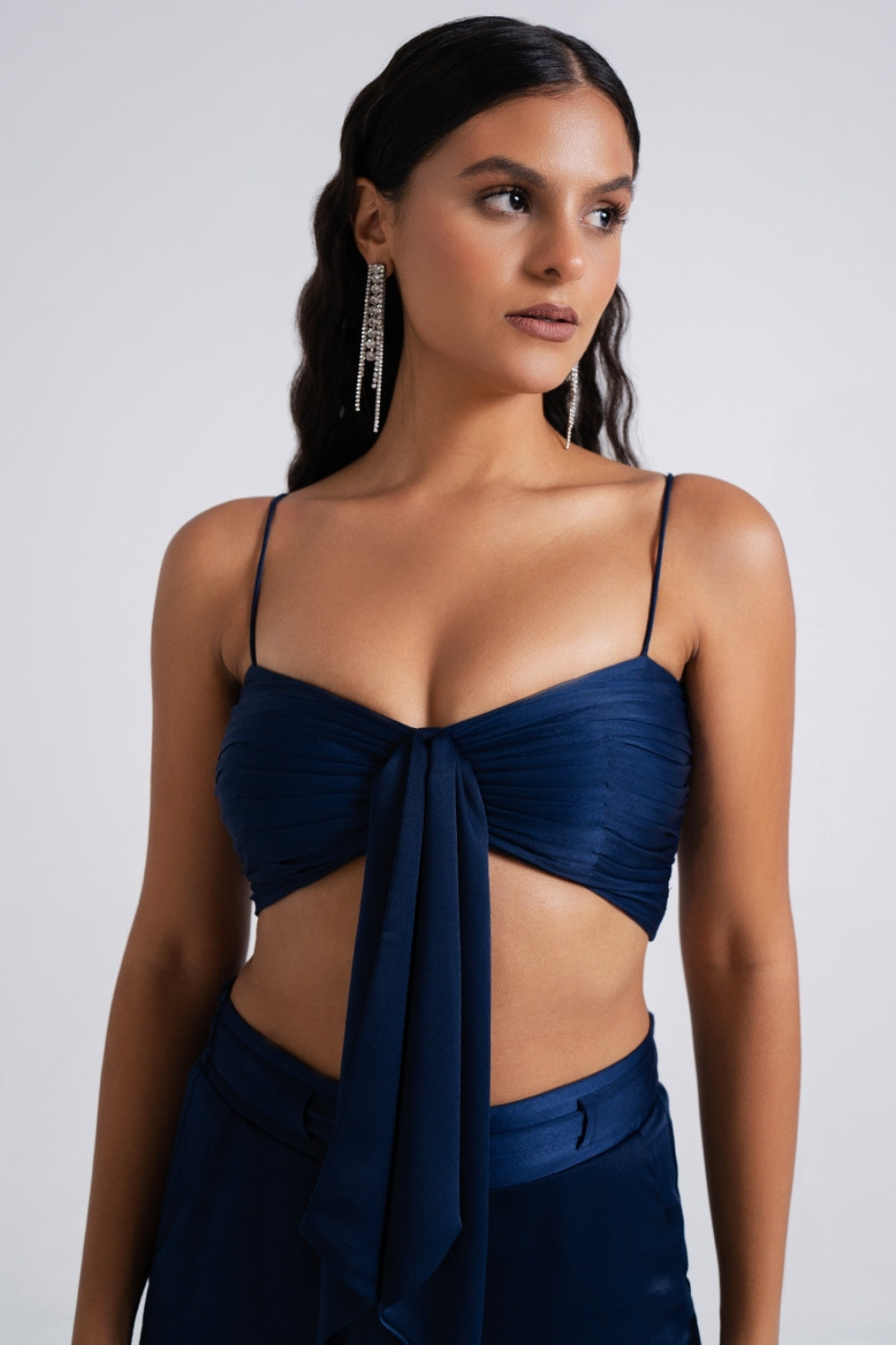Midnight Blue Knotted Top and Wide-Leg Trousers Set