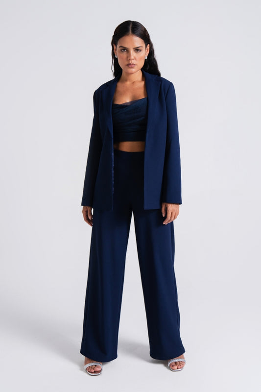 Navy Tailored Wide-Leg Suit Set