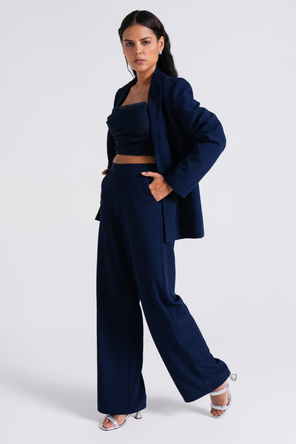 Navy Tailored Wide-Leg Suit Set