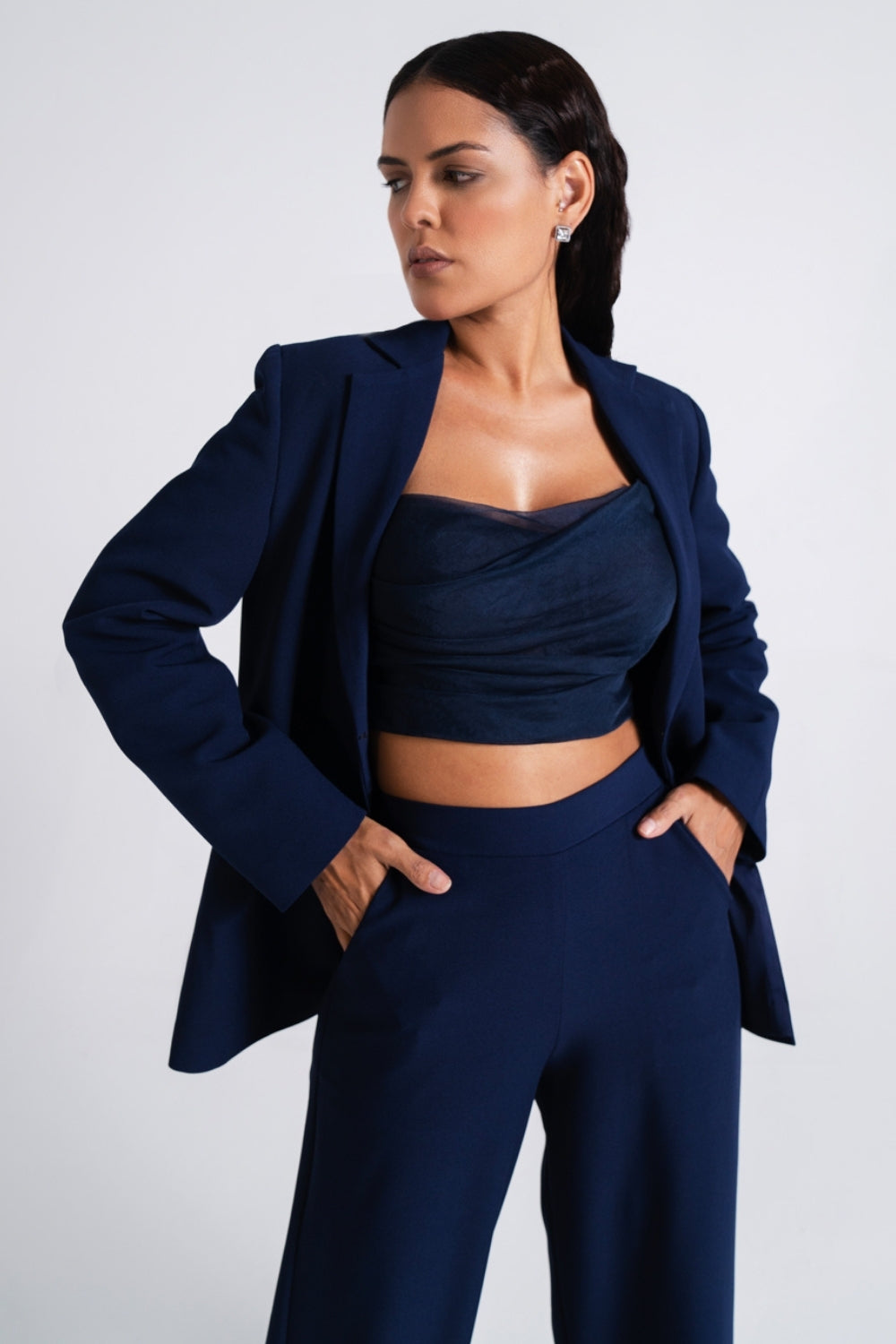 Navy Tailored Wide-Leg Suit Set