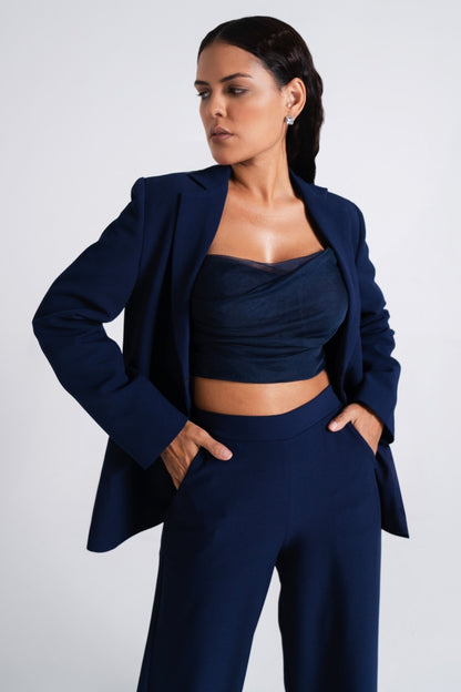 Navy Tailored Wide-Leg Suit Set
