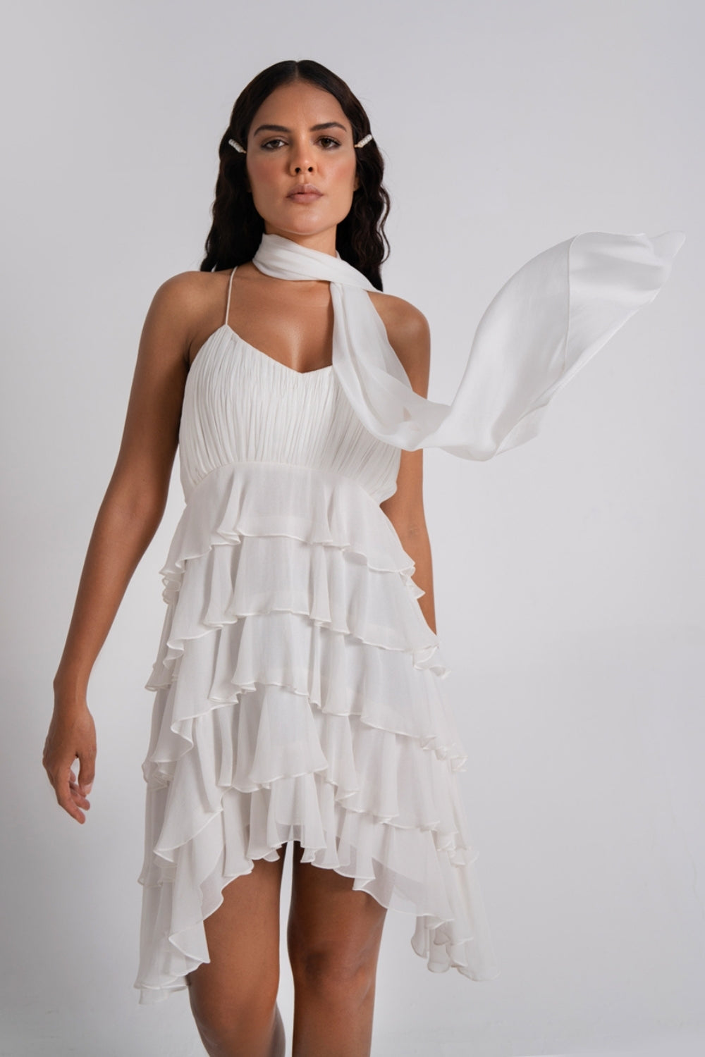 Sexy Asymmetric Spaghetti Strap White Tiered Dress