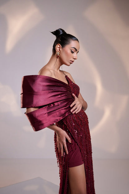Crimson Radiance Sequined Off-Shoulder Gown