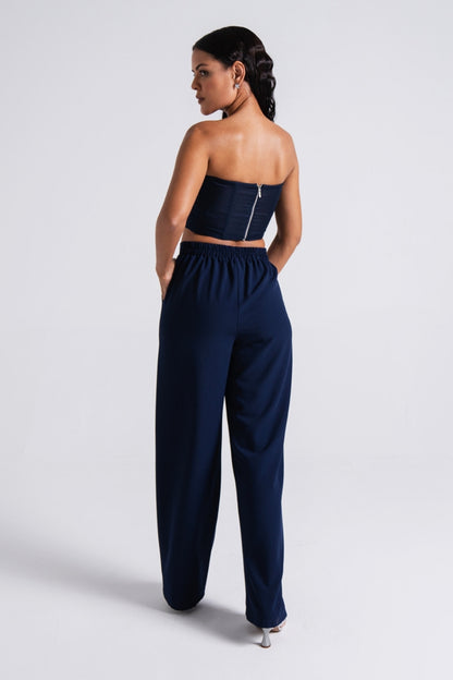 Navy Tailored Wide-Leg Suit Set