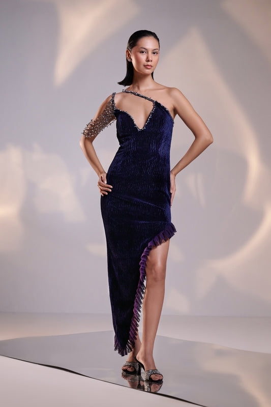 Midnight Blue Asymmetric Ruffled Hemline Dress