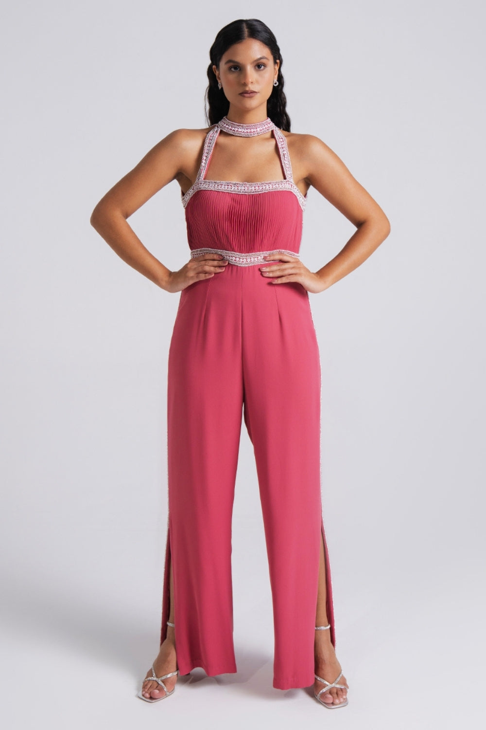 Elegant Halter-Neck Jumpsuit with Embellished Detailing